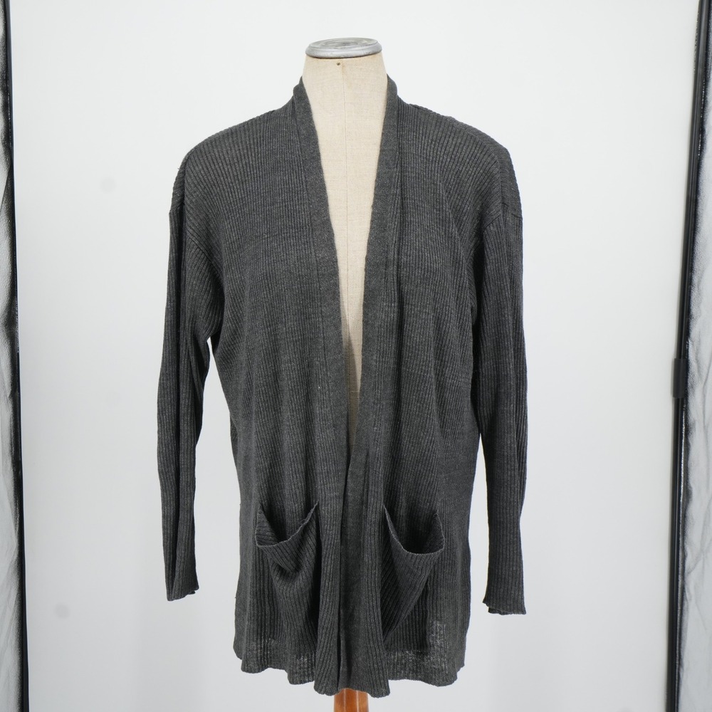 Eileen Fisher‎ Cardigan Womens S Grey Organic Linen Ribbed Knit Open Front Shawl